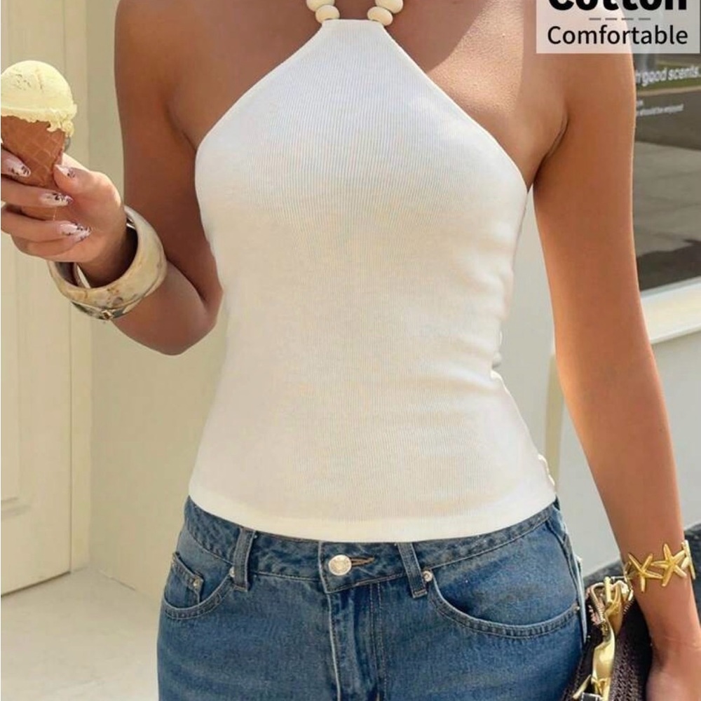 Beaded halter neck tank top in cream
